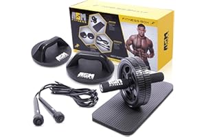 ASM Fitness Box- Ab Wheel Roller with Thick Knee Pad Mat, Rotational Push Up Bar / Pushup Stand, Skipping Rope. Premium Home Gym Set