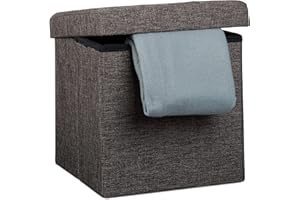 Relaxdays Pouf Pieghevole Con Contenitore, Sgabello a Forma di Cubo, Lino, Coperchio Rimovibile, 38x38x38 cm; Marrone