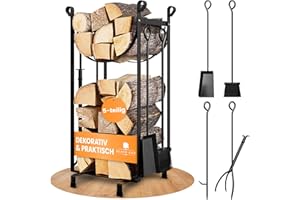 BLACK OAK Kaminholzständer JACINTO - Kaminholzregal schwarz Stahl 78x30x36cm 5-teilig 2 Ebenen Kaminbesteck Set 4-teilig Feger Schaufel Schürhaken Zange + Regal Kaminzubehör wetterfest Kamin 6 Ofen