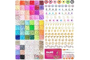 SANCI Clay Beads Bracelet Making Kit, 12000 Clay Bead Kit, Include 56 Colors of Polymer Clay Beads & Flat Beads, Clay Beads Charms, Letter, Emoji & Heart Beads, Elastic String, Scissor & Tweezer.