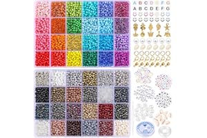 Glasperlen Set zum Auffädeln 9600pcs Rocailles Perlen Set für Armband Selber Machen mit 4mm 48Farbe Mini Perlen Buchstabenperlen Smiley Muschelanhänger für Armband Schmuck Bastelset Erwachsene