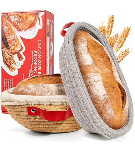 Yunkctuk Panier De Fermentation Pain Avec Insert Lin & Couvercle - Set 2 Oval & Rond En Corde Coton