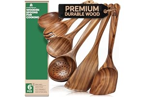 Träredskapsset – 6 st teak träsked köksredskapsset – matlagning, blandning, servering, slitsade skedar, salladsgaffel, matlag