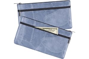 HAUTOCO 2 Pack Money Bag with Zipper PU Leather Textured Money Pouch 280mm x 155mm Cash Bags for Banking Dual Pockets Cash Envelopes Wallet for Passport Coin Bills Cosmetics, Pale Blue