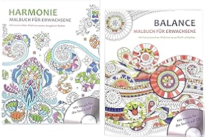 MARZOON 2er Set große Erwachsenen Malbücher mit Musik CD für Entspannung, Meditation & Anti-Stress (Harmonie & Balance)