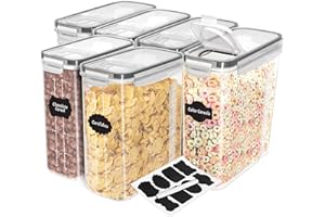 KICHLY Contenitore per cereali (Set di 6) - Plastica senza BPA - Contenitori ermetici per la cucina - Conservazione degli alimenti secchi – Contenitori cucina per l'organizzazione della dispensa