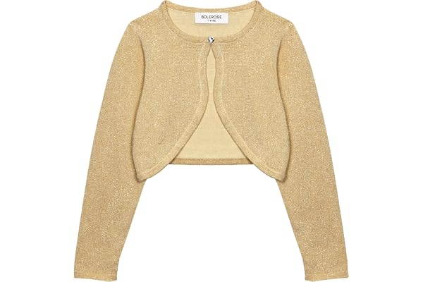 Bolerose Flickbolero Glitter Långärmad | Öppen framkant, Hjärtformad strassknapp, Glittertråd i tyget, Kort modell, Ribbade muddar, Fäller inte, 3-14 år