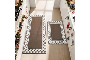 COSY HOMEER 2 Pieces Absorbent Kitchen Runner Rug Mats, 60x89cm+60x152cm, Extra Nonslip TPR Backed Carpet Rugs for Kitchen, Soft Standing & Machine Washable, Vacuum Cleaner Available No Curling, Brown