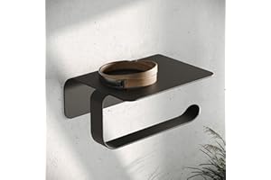 KAZAI.® Porta Rotolo Carta Igienica "Leif" Design - Con Ripiano | Da Muro con Adesivo (Nessuna Perforazione) | Acciaio Inossidabile | Portarotolo Bagno | Nero Opaco