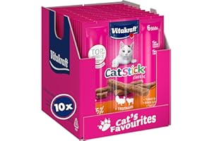 Vitakraft Cat Stick Classic, golosinas para gatos, stick con carne, con pavo y cordero, tamaño stock, sin azúcar añadido (10x 36g)