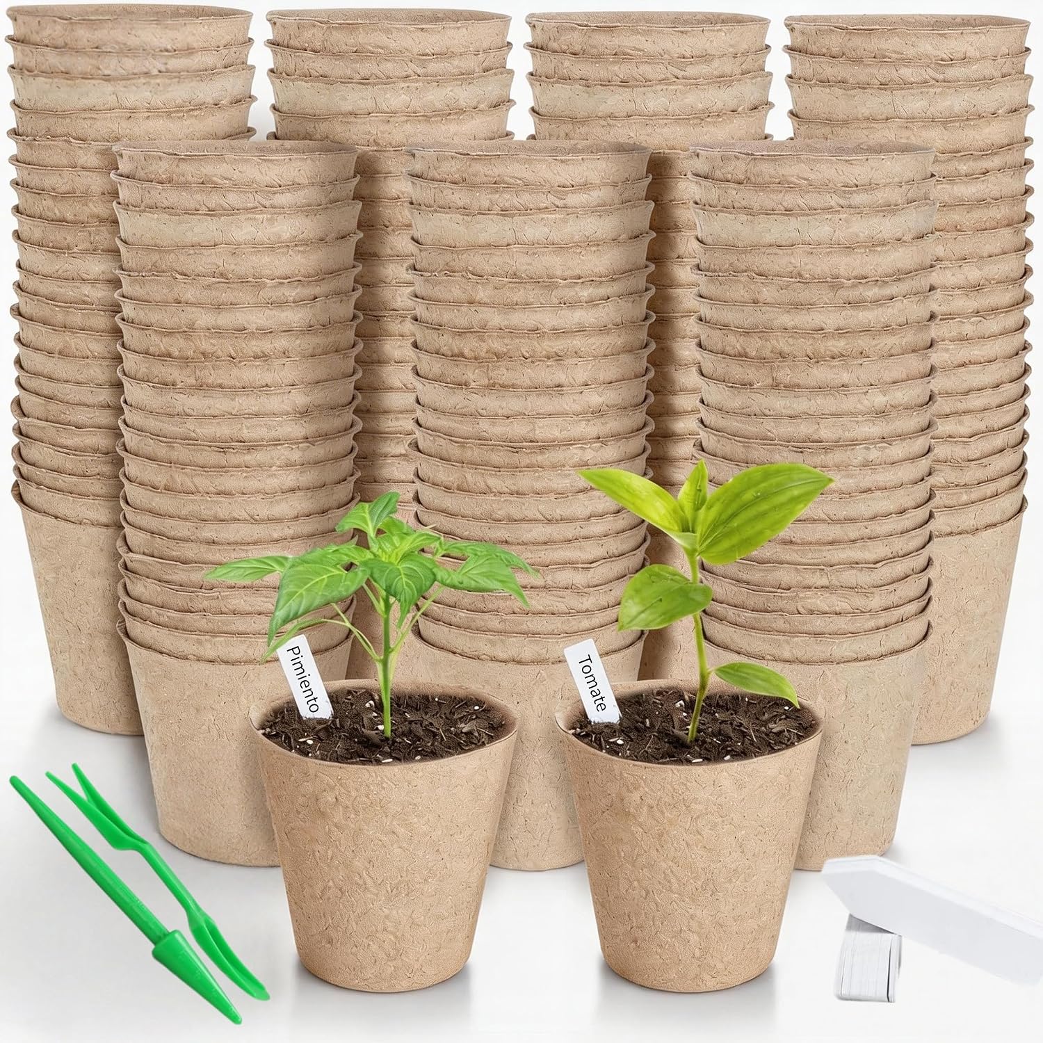 100 Piezas Redondas Macetas biodegradables de 8 cm, Kit de Inicio de Plántulas Biodegradable y Ecológico, Semilleros Germinacion Macetas con 100 Etiquetas de Plantas y 2 Herramientas de Plantación