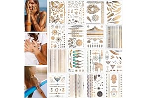 ‎LUZOON LUZOON Festival Tattoos Gold Tattoo 16 Blätter 140+ Tattoos Festival Gadget Tattoos Golden Metallic Flash Tattoos Wasserdichte Temporäre für fasching und Party Accessoire(Stil ②)