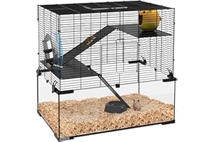 PawHut Gabbia per Criceti, Gabbietta per Criceti, Gerbilli e Piccoli Animali in Filo d'acciaio e Vetro con Ruota, Piattaforme, Rampe, Base Rimovibile, Beverino e Mangiatoia, 60x40x54.5cm, Nero