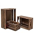 Hamdan Rustic Solid Wood Storage Organizer Box with Handle, 3 Piece Various Size Decorative Nesting Crate-Rustic Brown