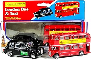 TB Diecast Genuine London Bus and London Taxi Set (Mini) Souvenir - Moving Wheel Action - Sightseeing - Hop On Hop Off - Toy - 5 Passenger Cab - Hackney Cab - London Souvenir