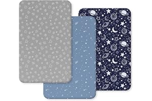 Unnivoll Next to Me Crib Sheets 51 x 85 cm Super Soft & Breathable Bedside Crib Fitted Sheets 3 Pack Dark Blue Planet