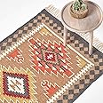 HOMESCAPES Jaipur Brown, Orange & Grey Handwoven Kilim Rug for Living Room Traditional Wool Rug with Fringe, 90 x 150 cm