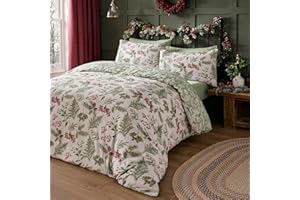 DREAMS AND DRAPES Dreams & Drapes Bettbezug mit weihnachtlichen Stechpalmen- und roten Beeren, Einzelbettgröße (140 x 200 cm), wendbares Design (2 Farben), 100% Baumwolle, Weihnachtszweige und Farn-Bettbezug,