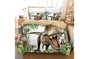 ‎HZVRTN HZVRTN Kinder Bettwäsche Dinosaurier Bettbezug Set, Moderne 3D Dinosaurier Bedruckte Kinder Jungen Kinderbett Bettbezug Set Microfaser 3 Teilig mit Kissenbezug (135x200cm, Weiß)