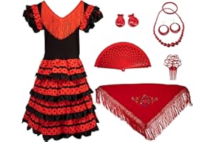 Gojoy shop - Disfraz de sevillana flamenco para niña, contiene: vestido, mantón y accesorios. (3 colores y 5 tallas diferentes.)