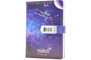 Lirener 12 Constellation Cuaderno de Cuero PU Notebook planificador diario organizador con cerradura de combinación, Contraseña Bloc de Notas Cuaderno Con Coded Lock y kits de decoración, 140x198mm