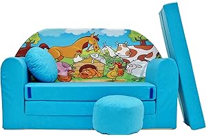 Pro Cosmo Divano letto pieghevole per bambini con funzione letto Perfetto per giocare e dormire - Con materasso, cuscino e pouf sfoderabili - 98x168x59 cm - B5 Blu - Animali da fattoria