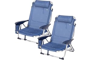 AKTIVE Pack 2 sillas de Playa Plegables Bajas, Reclinables en 4 Posiciones, Antivuelco con cojín y Bolsillo Lateral, Estructura Aluminio Ligera, para la Playa o jardín, 51x45x76 cm (62290)