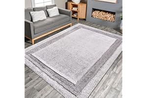 renoazul® Shaggy Washable High Pile Bordered Rug, 160 x 230 cm, Trani Silver, Shaggy Area Rug for Baby Room, Nursery or Kids Room