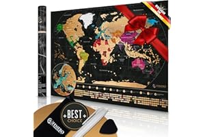 ‎FENERO HOME & LIVING FENERO Weltkarte zum Rubbeln XXL [DIN A1] - aus exklusivem Kunststoff - Rubbel-Weltkarte Deutsch - Landkarte zum Rubbeln mit Marker, Plektrum & Täschchen - GOLD