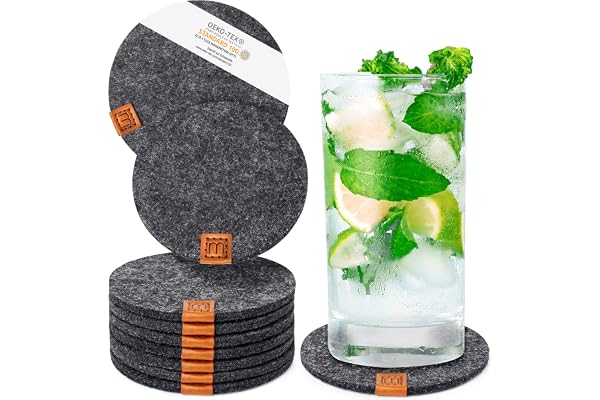 Miqio® Design-glasunderlägg, filt och läder, tvättbara, set med 10 dryckesunderlägg med äkta läderapplikation