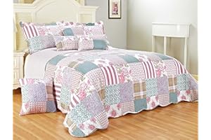 Prime Linens Juego de cama de 3 piezas de lujo con colcha y 2 fundas de almohada, diseño floral bordado (flor, super king)