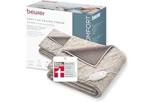 ‎BEURER Beurer HD 75 Nordic Heizdecke, kuschelige Wärmedecke in Kunstfelloptik, mit 6 Temperaturstufen, maschinenwaschbar bei 30 °C, Heizdecke mit Abschaltautomatik, beige / braun, 180 x 130 cm