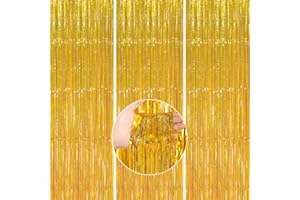 PartyWoo 3 Pièces Rideau Frange Anniversaire Or, Rideaux à Franges en Aluminium, Rideau Métallique de Frange Brillant, Tinsel Shimmer Rideaux pour Décoration Fête, Anniversaire, Toile de Fond(1x2m)