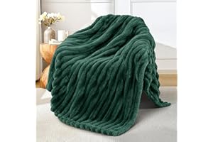 Exclusivo Mezcla Koc polarowy na kanapę, super miękki żakardowy koc 3D, w paski, lekki, puszysty, przytulny koc na każdą porę roku, 127 x 152 cm, leśna zieleń