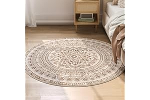 ‎SONGMICS HOME SONGMICS HOME Teppich rund, Outdoor Teppich, Boho, 120 cm d, waschbar, rutschfest, Floral Vintage, für Wohnzimmer, Esszimmer, Schlafzimmer, Optik, Garten, Terrasse, Balkon,cappuccinobeige TAR051K01