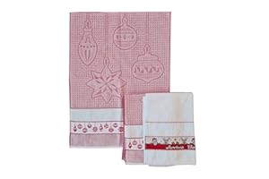 OM DOLCE CASA M&O Strofinacci Canovacci Asciughini Asciuga Piatti Natalizi Variante Palle Decorative di Natale Set da Tre Pezzi 100% Cotone con Inserto in Tela Aida per Ricamo in OMAGGIO 1 Presina da Cucina