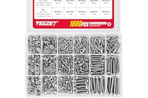 YEEZET Kit de Surtido de 1600 Piezas Tuercas M4 M5 M6 con Arandelas Planas y de Seguridad, Fabricadas en Acero Inoxidable 18-8, en las 15 Tamaños más Comunes.