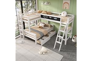 Dolamaní Łóżko piętrowe dla 3 osób, drewno sosnowe, 90 x 200 cm i 140 x 200 cm z biurkiem i szufladami, ochrona przed wypadnięciem i drabiną, bez materaca, białe
