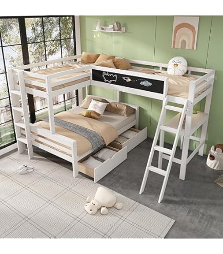 Kinderstapelbed 3-persoons 90x200cm Driepersoonsbed Eenpersoonsbed Van Hout Met Nachtkastje Lades Opbergladder Grijs