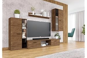 Furnix Mediawand Sarai Schrankwand Wohnwand Wandschrank Wohnzimmer 4-TLG Komplett-Set - TV Lowboard, Vitrine, Hängeregal und Wandregal Freistehend (Gesamt: B240 x H180 x T40,2 cm) Farbe Lefkas