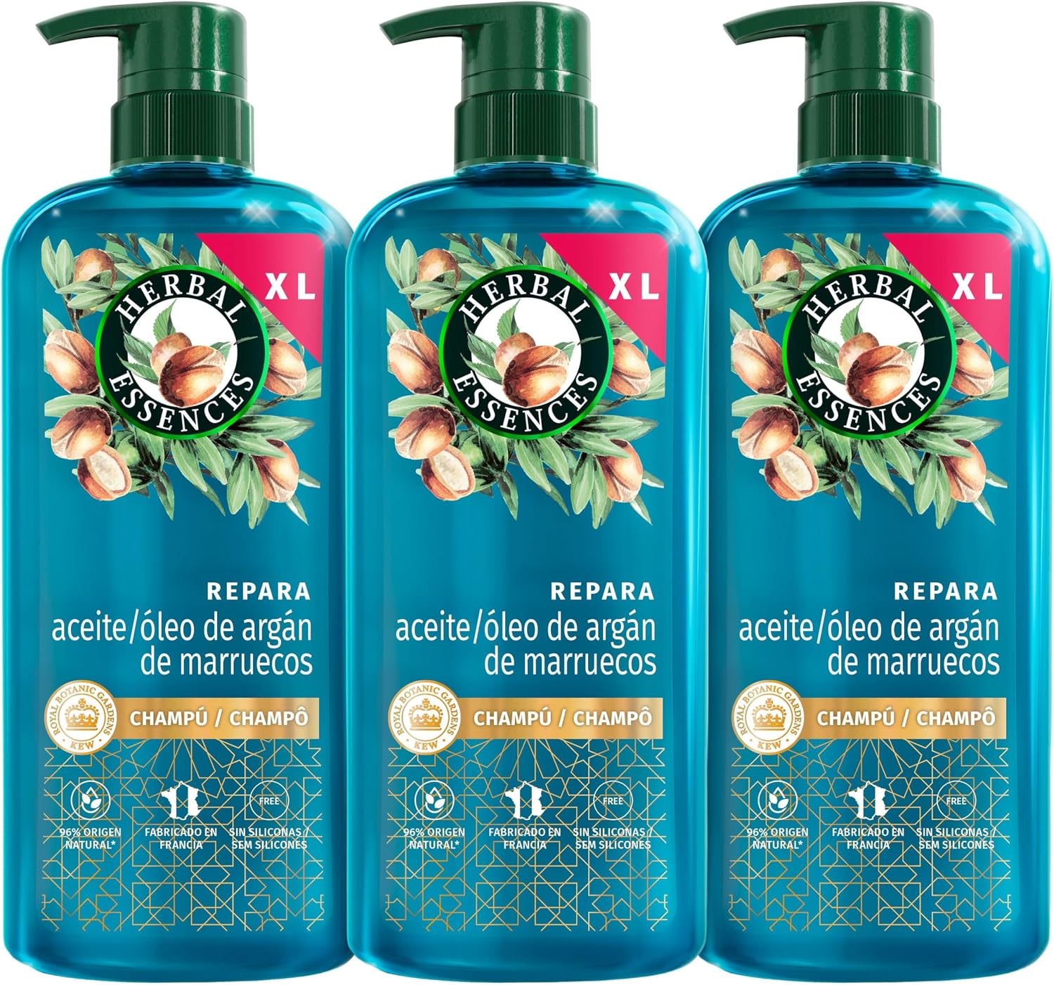 Herbal Essences Champú Reparador, Aceite Argán Marruecos, 3x 650ml, Pelo Dañado, Nutrición Intensa, Pelo Suave Sedoso, Sin Siliconas, Vegano