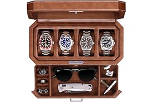 ROTHWELL 4 Slot Leather Watch Box with Valet Drawer - Luxury Case Display Jewelry Organizer, Locking Display Case Holder with Real Glass Top - Watch Box Organizer for Men & Women (Tan)