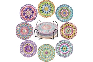 ‎YAOYIN YAOYIN Diamond Painting Untersetzer, 8er Set DIY Diamond Painting Erwachsene Untersetzer mit Halter, 5D Diamond Painting Kinder Art Mandala, Kerzen Untersetzer Rund Boho Für Gläser Weingläser Vasen