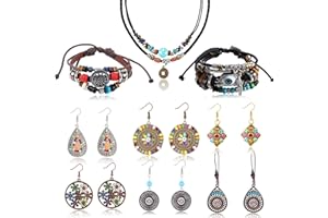 Milacolato Bohemian Vintage Orecchini Pendenti per Donna Gioielli Set Boho Retro Strass Drop Orecchini Multi-Layer Beaded Leather Bracciale e Turquoise Bead Collana Gioielli per Donna Ragazze
