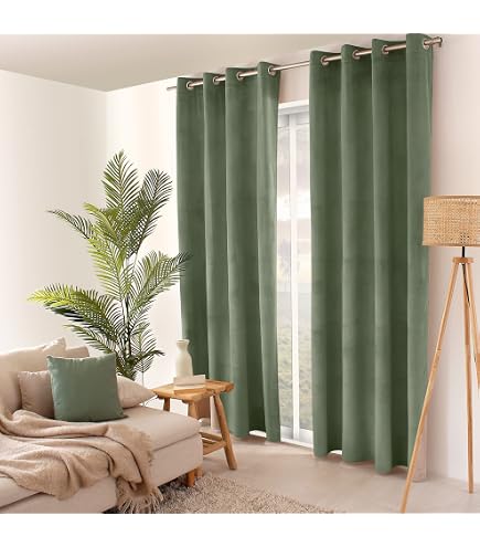 Rideau Effet Velours Côtelé – 140x260 Cm – Œillets Prêt à Poser – Couleur Kaki – Filtre Lumière – Certifié OEKO-TEX