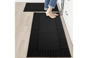 BEQHAUSE Kitchen Rugs Washable Kitchen Mats Floor Non-Slip Kitchen Mats Absorbent Kitchen Runner with TPR Non Skid Backing,Set of 2(50X76cm+50X122cm,Black)