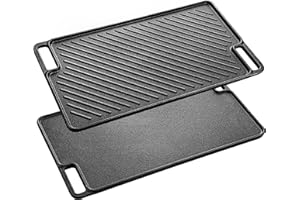 Velaze Grillplatte Gusseisen, Grillpfanne Doppelseitig Verwendbar, Hochwertige Bratplatte aus Gusseisen für Fleisch und kleine Grillstücke, Für Gasgrill, Kohlegrill & Elektrogrill - 45.5 x 26cm