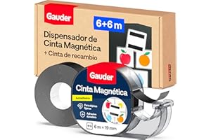 GAUDER Cinta Magnética con Dispensador - Tira Magnética Autoadhesiva para Objetos Ligeros - Cinta Imantada para Postales y Fotos sobre Superficies Metálicas (6 m x 19 mm + Rollo de Recambio)