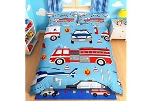 Manfei Feuerwehr LKW Kinder Bettbezug Set S Größe,Cartoon Polizei Auto Flugzeug Kleinkind Bettwäsche Set,Mädchen Erwachsene,Feuerwehr Werkzeuge Tröster Abdeckung,Rot Blau Quilt Cover,1 Kissenbezug