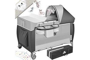KIDIZ® Łóżeczko dziecięce 3 w 1, turystyczne, zestaw kombi, łóżeczko z przewijakiem, moskitiera, kojec, do 15 kg, przewiewne ściany boczne z wejściem bocznym, składana torba transportowa, szary